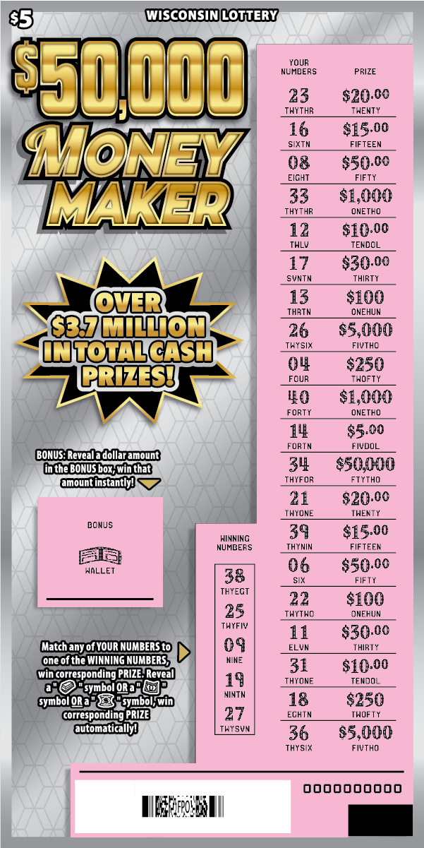 Wisconsin Scratch Game, $50,000 Money Maker, scratched.