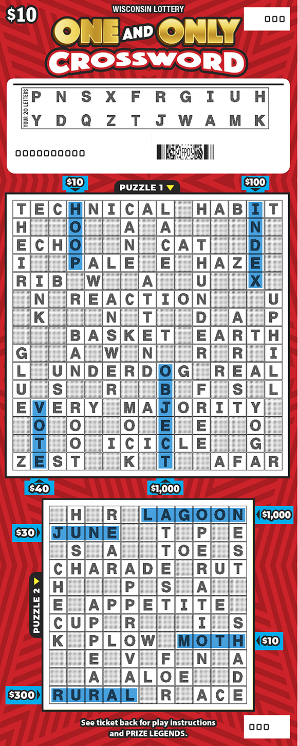 Wisconsin Scratch Game, One and Only Crossword, scratched.