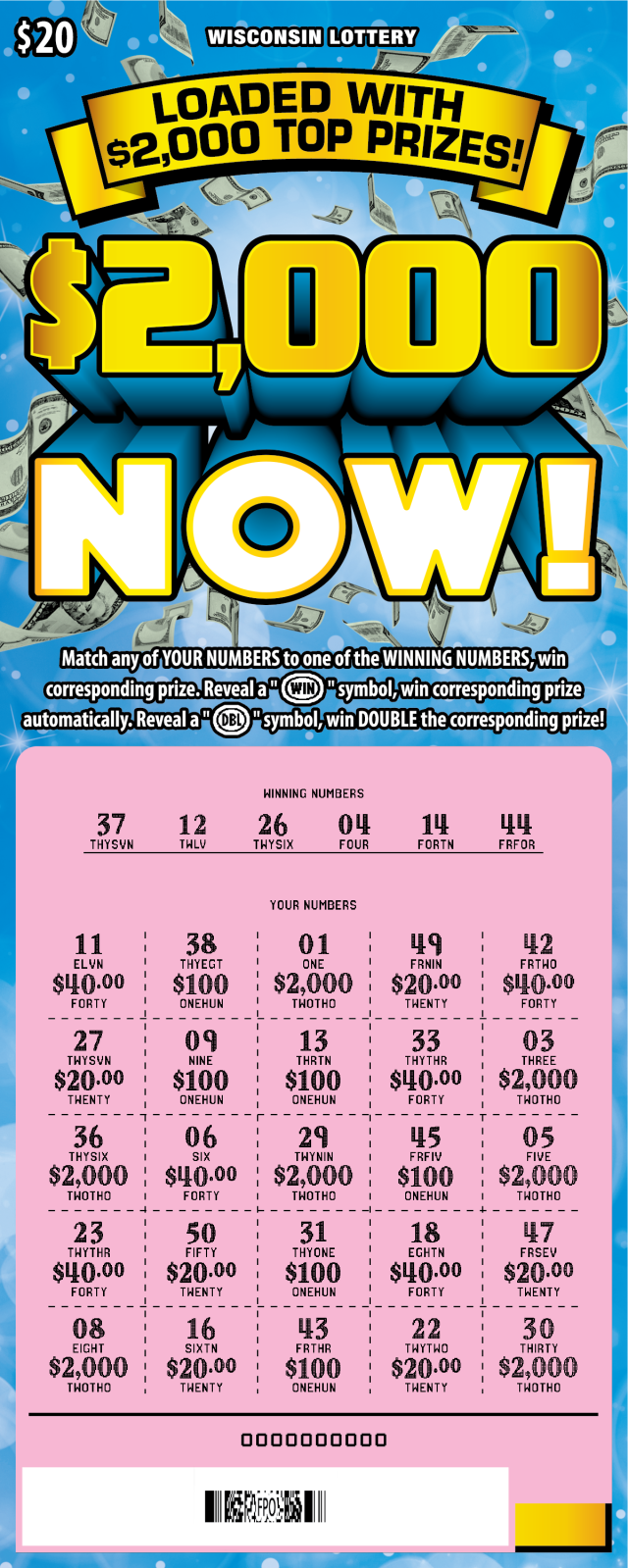 Wisconsin Scratch Game, $2,000 NOW!, scratched.
