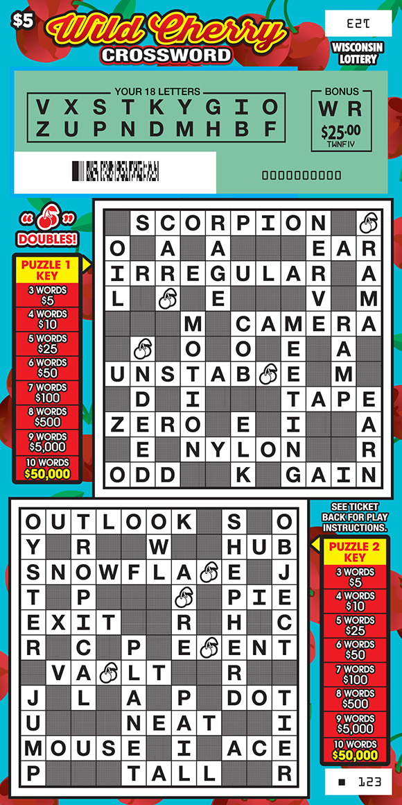 Wisconsin Scratch Game, Wild Cherry Crossword, scratched.