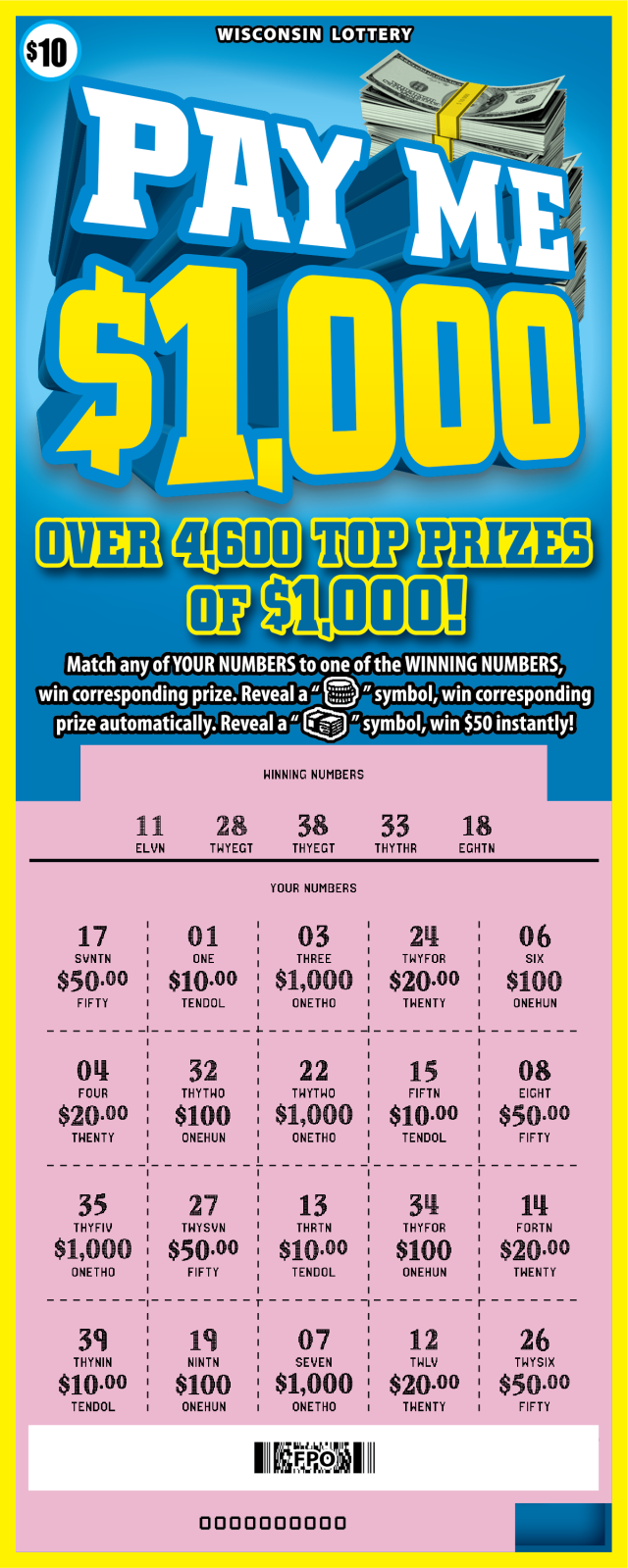 Wisconsin Scratch Game, Pay Me $1,000, scratched.