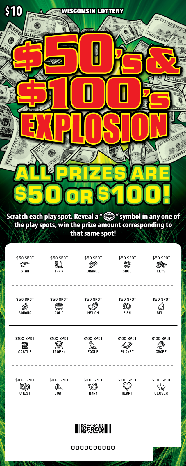 Wisconsin Scratch Game, $50's & $100's Cash Explosion, scratched.