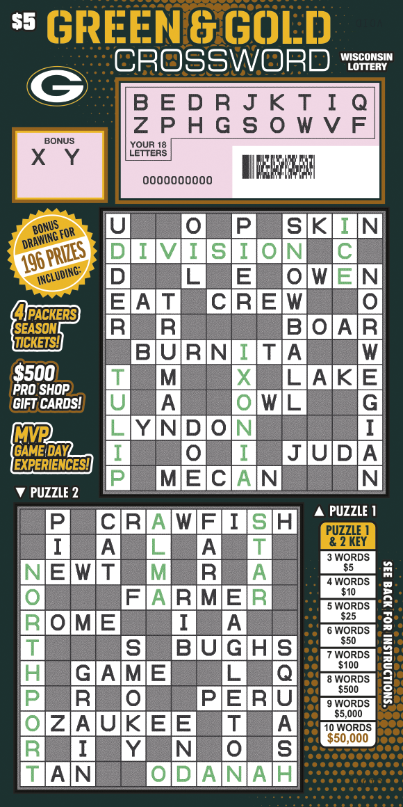 Wisconsin Scratch Game, Green & Gold Crossword, scratched.
