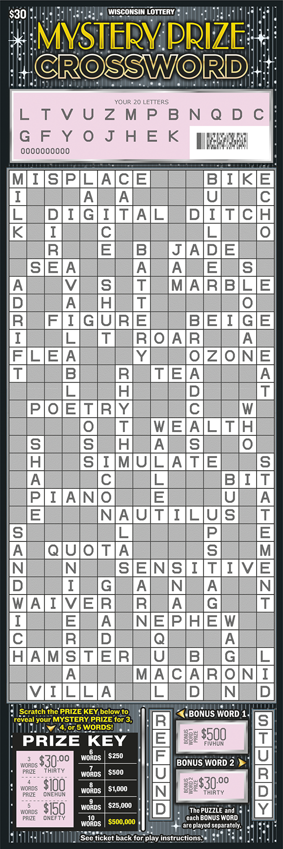 Wisconsin Scratch Game, Mystery Prize Crossword, scratched.