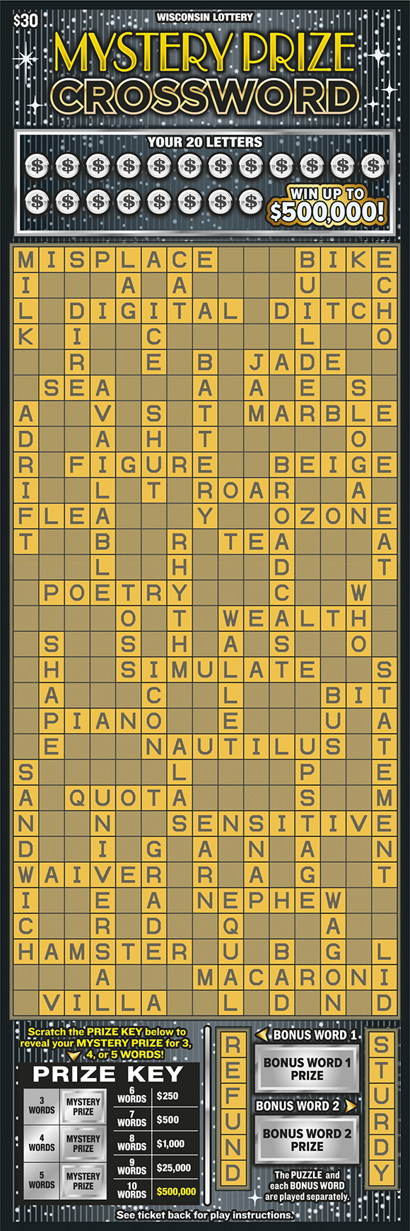 MYSTERY PRIZE CROSSWORD scratch-off ticket
