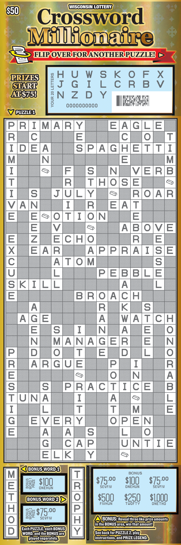 Wisconsin Scratch Game, Crossword Millionaire, scratched.
