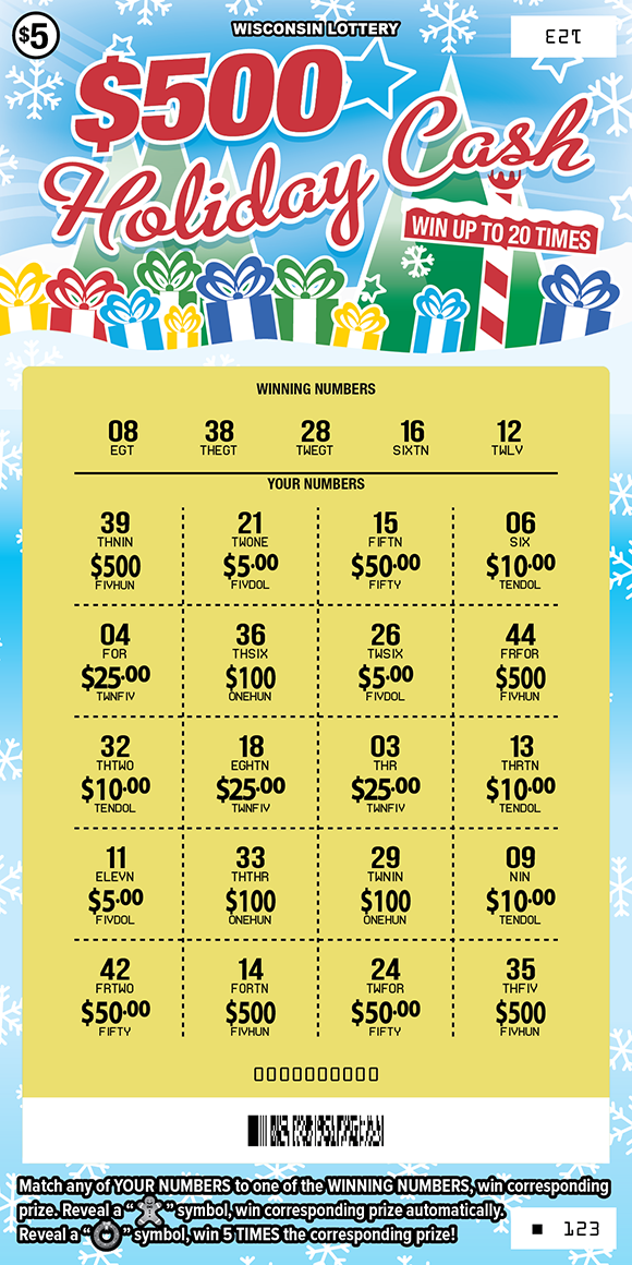 Wisconsin Scratch Game, 500 Holiday Cash, scratched.