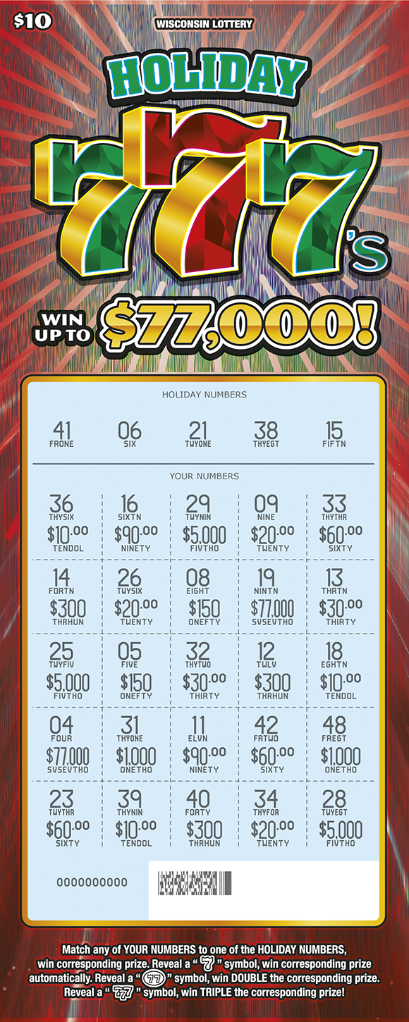 Wisconsin Scratch Game, Holiday 777s, scratched.